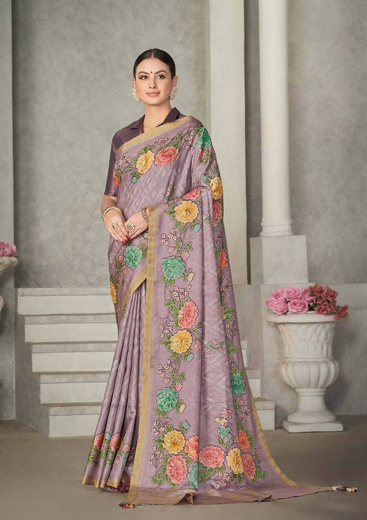 Lavendar Rangkat Tussar Silk Woven Design Saree with Unstitched Blouse - Mohmanthan Eshani | Swadesiicart