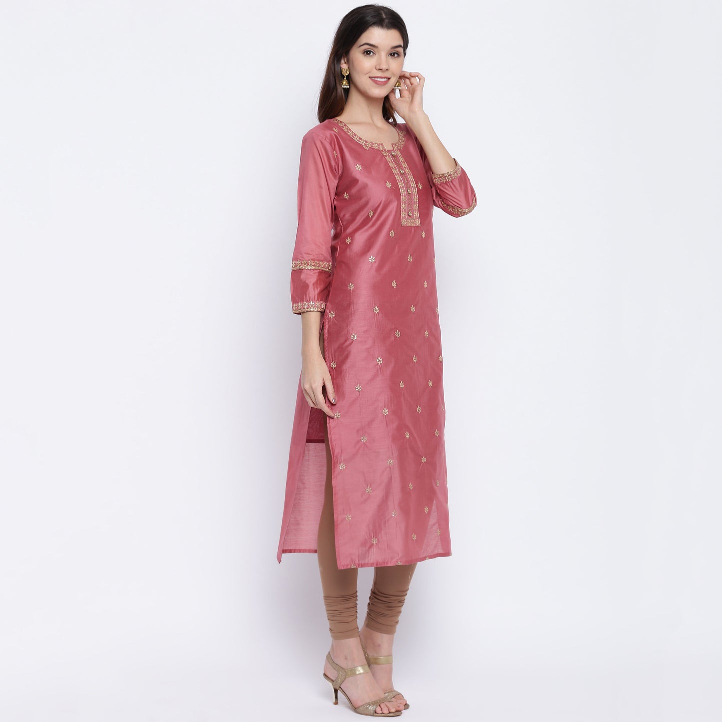 NOZ2TOZ Women's Sequence Work/Hand Work Straight Chanderi Dark Peach Kurta Only - Swadesiicart