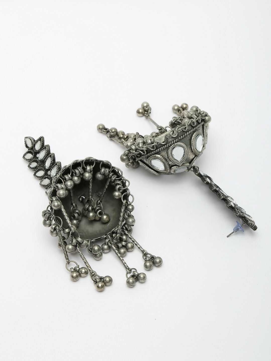 NVR Women's Silver Plated Mirror Work Oxidised Contemporary Jhumka Earrings | Swadesiicart
