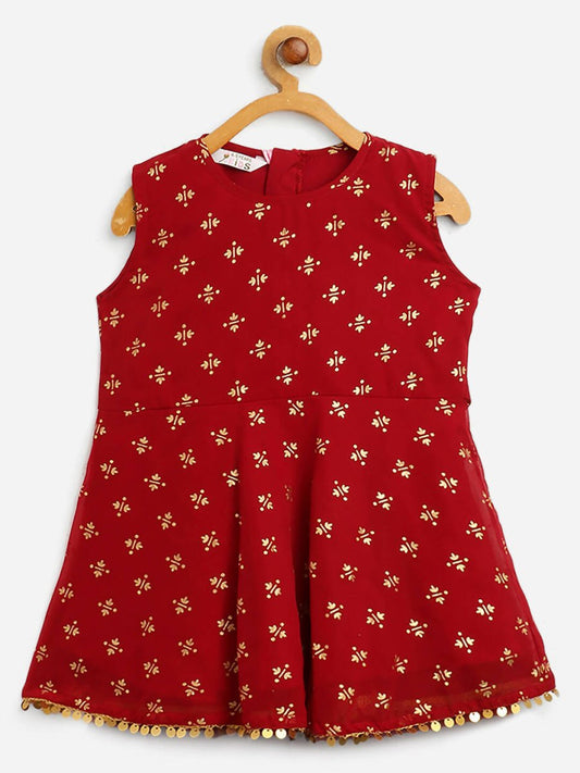 Ahalyaa Maroon Georgette Gold Foil Print Kids Peplum style Kurta Sharara Set With Dupatta For Girls | Swadesiicart