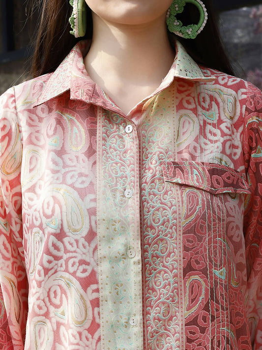 Red & Cream Rayon Paisley Printed Top with Matching Bottom - Eesha - Swadesiicart