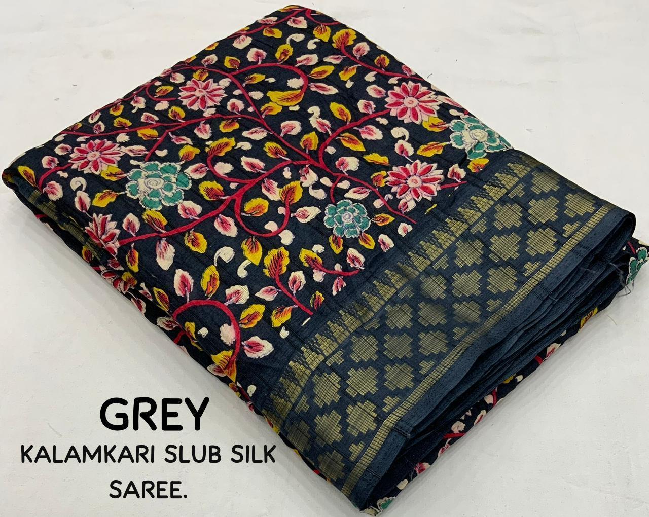 Grey Slub Silk Printed Saree with Unstitched Blouse - Hiral Fashion | Swadesiicart