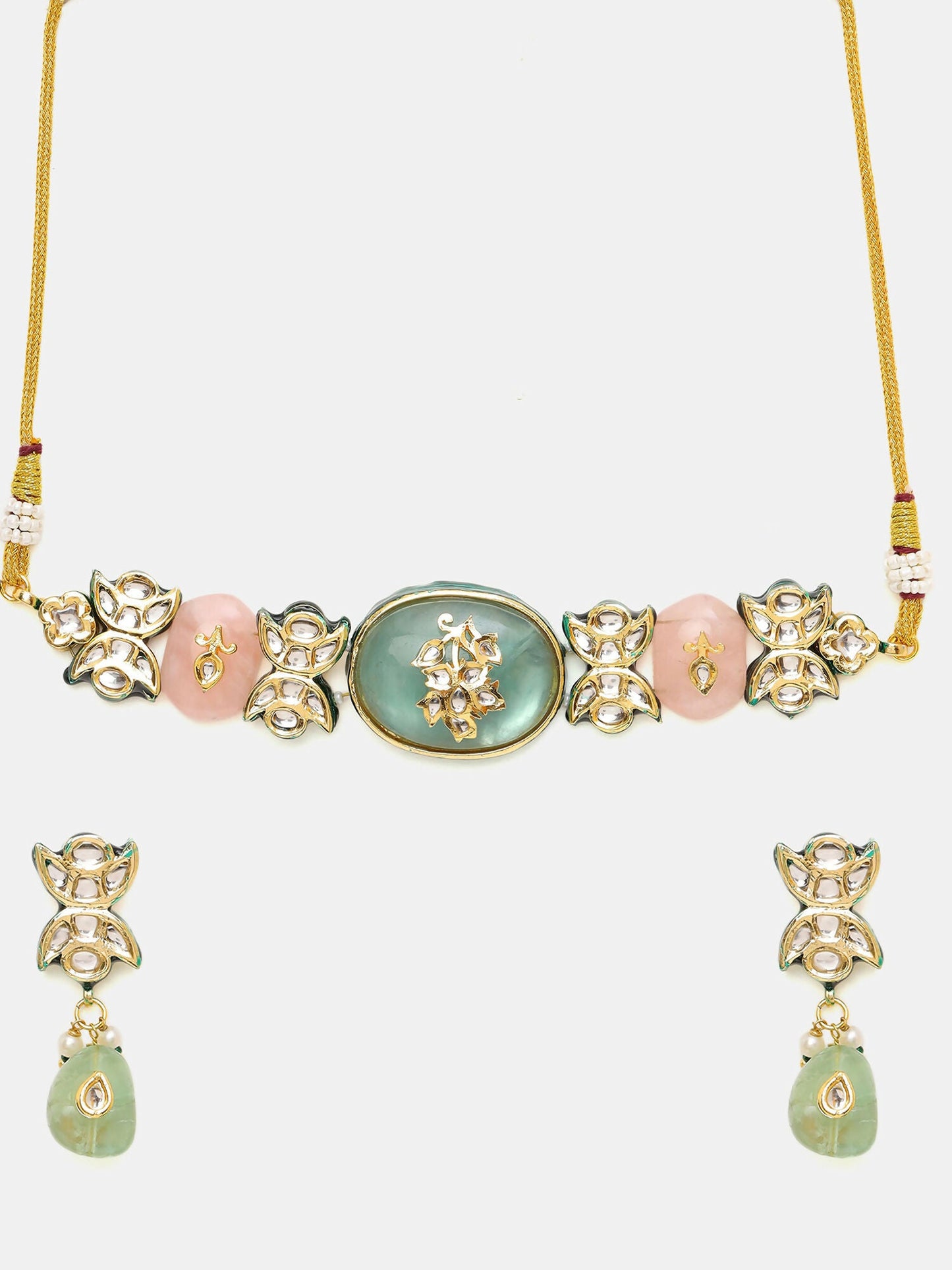 Ruby Raang 22k Gold Polished Kundan And Mint Colored Stonework Choker With Matching Earrings | Swadesiicart