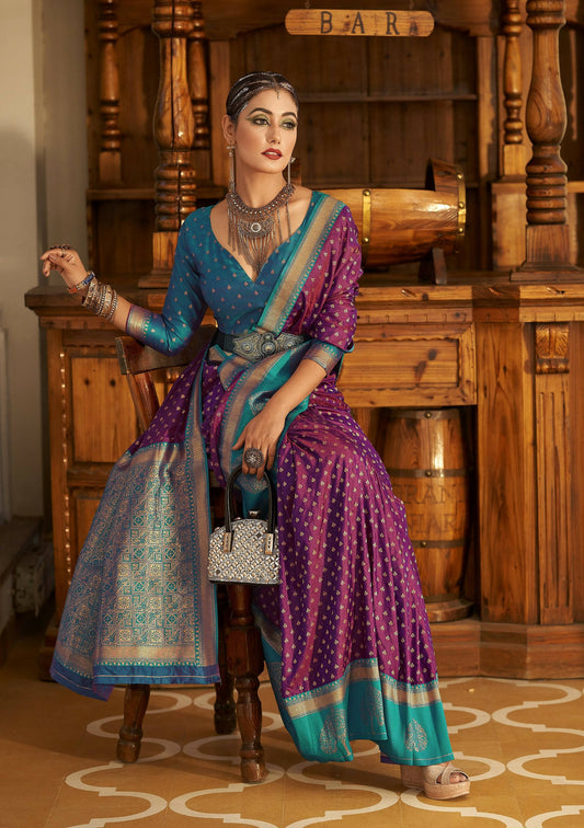 Purple Soft Banarasi Paithani Copper Zari Weaving Saree With Unstitched Blouse Piece - Jodha | Swadesiicart