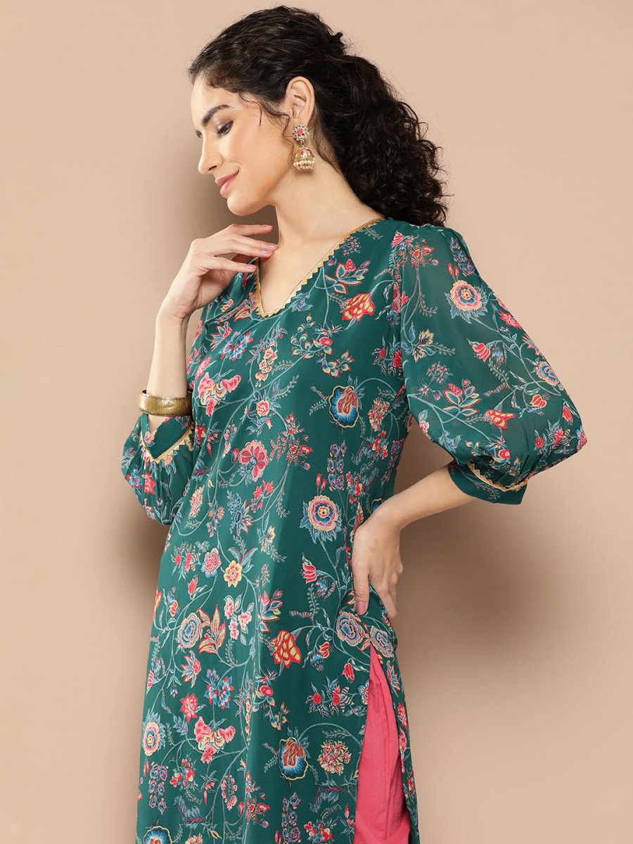 Ahalyaa Women Floral Printed Gotta Patti Floral Georgette Kurta | Swadesiicart