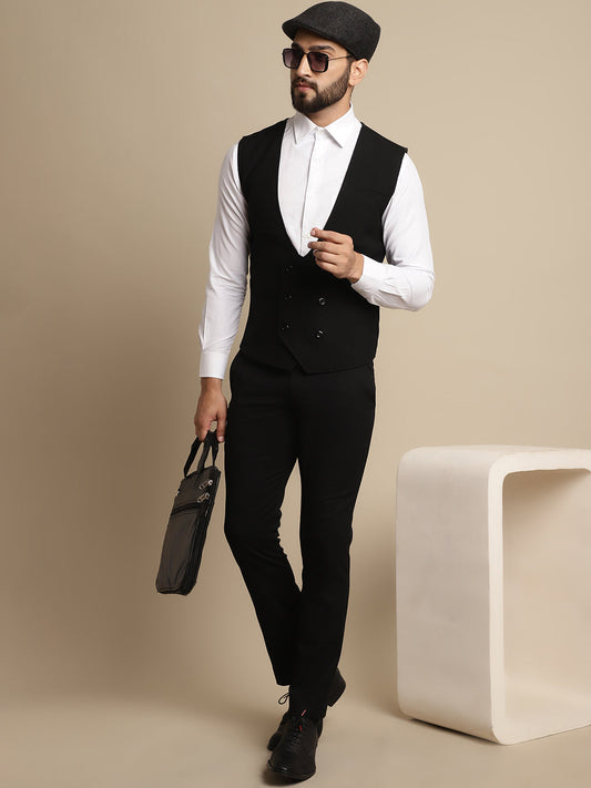 Even Apparels Men's Black Double Breast Waistcoat | Swadesiicart