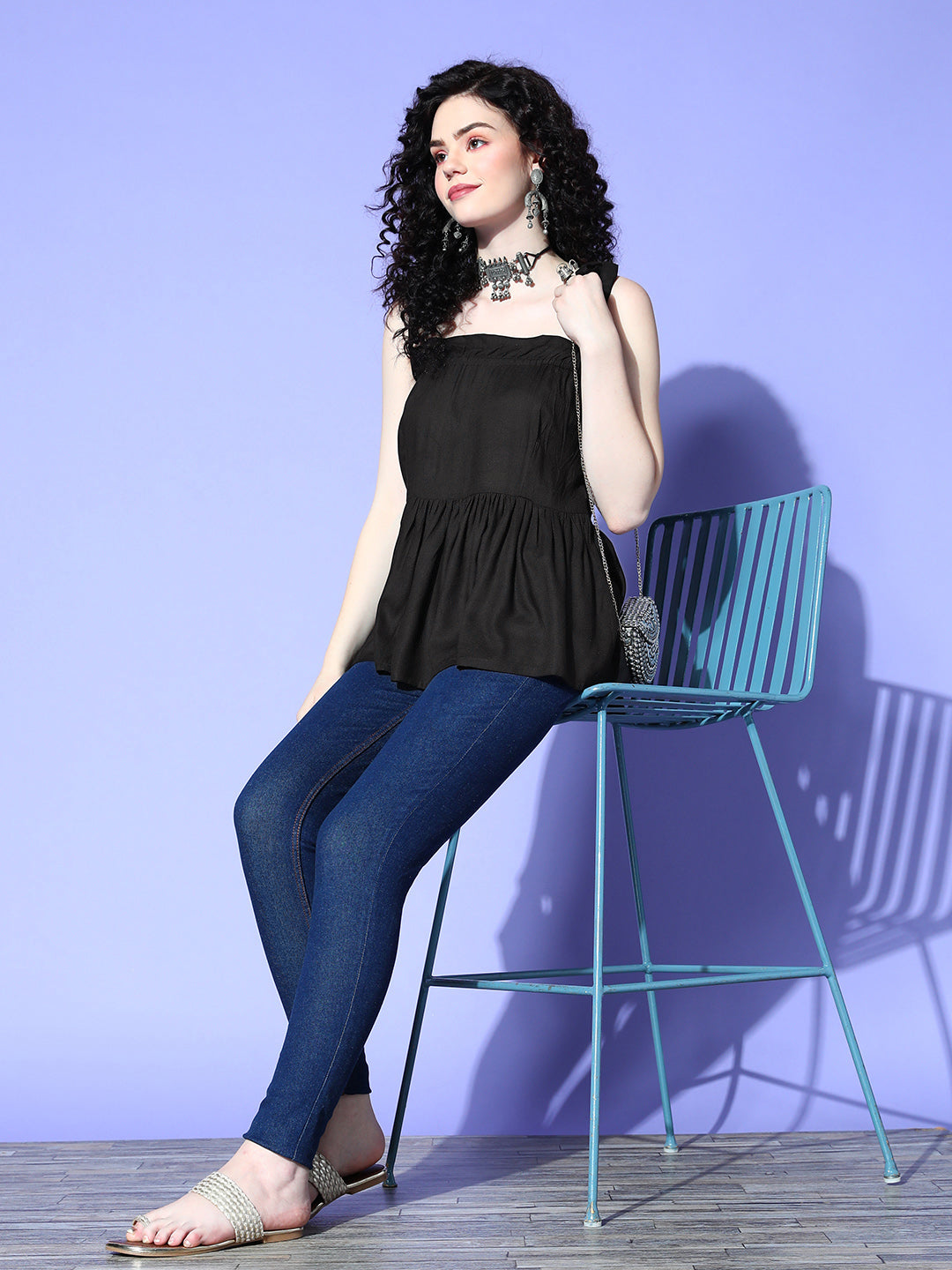 InWeave Black Shoulder Tie-Up Top - Swadesiicart