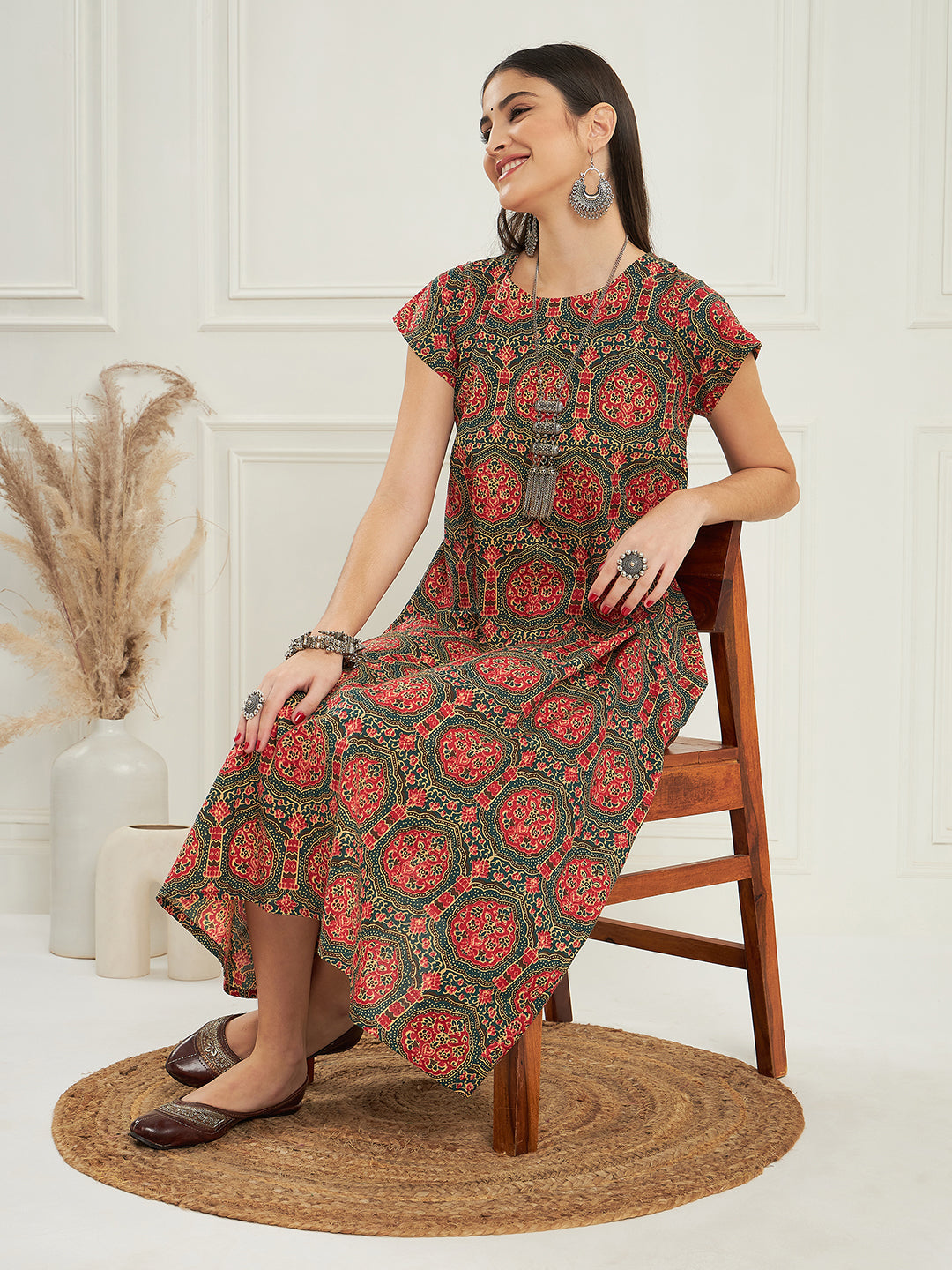 InWeave Women's Green Red Mughal Kalamkari A Line Dress - Swadesiicart