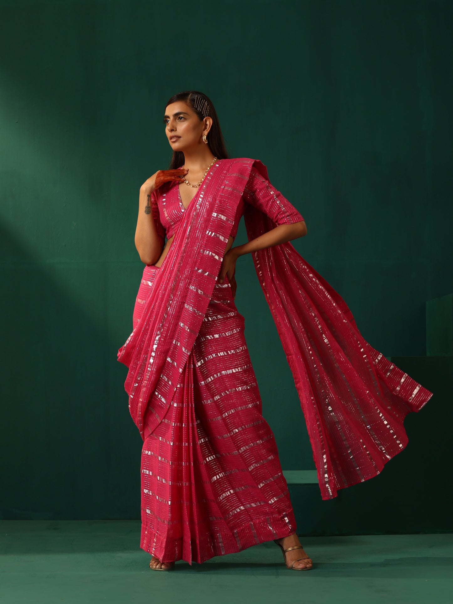 trueBrowns Rani Pink Cotton Silver Lurex Deep V-Neck Blouse | Swadesiicart