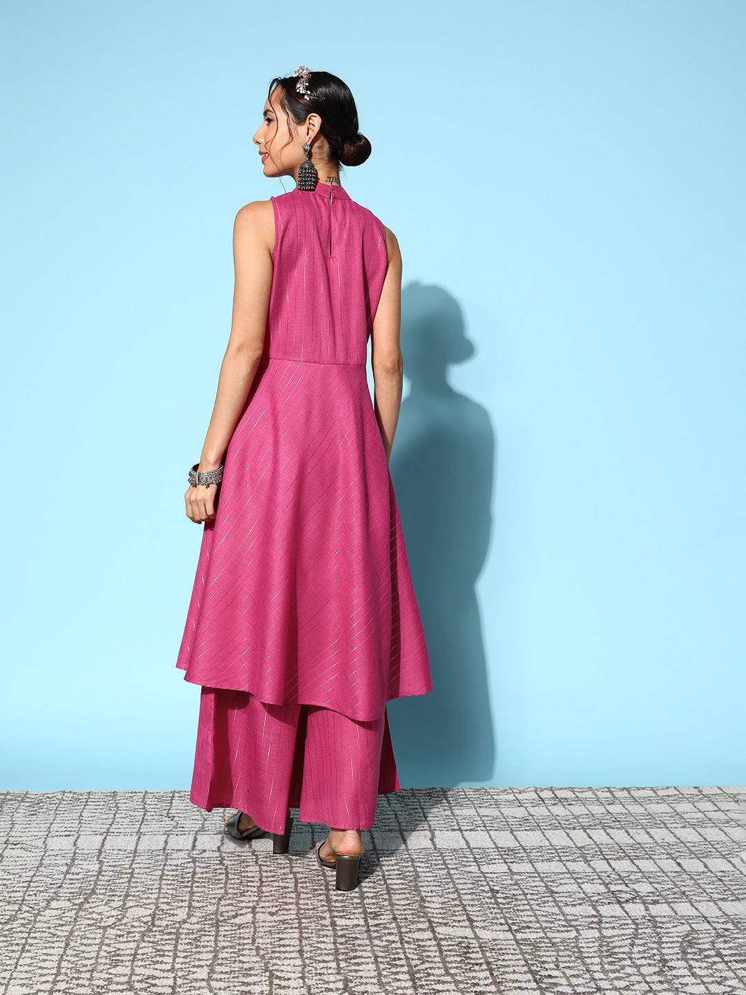 InWeave Women's Pink Lurex Boho Sleevless Kurta Set - Swadesiicart