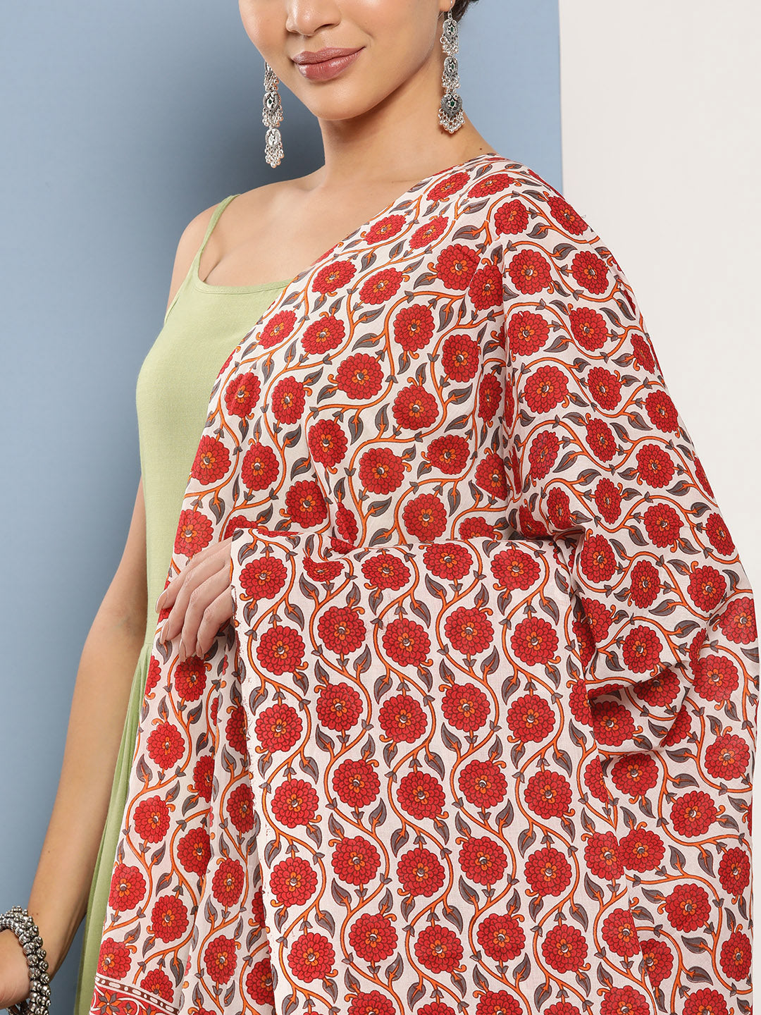 InWeave Women's Light Green Ray Strappy Set With Orange Floral Cotton Dupatta - Swadesiicart