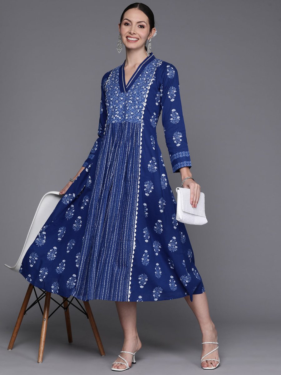 Ahalyaa Floral Print Midi Pure Cotton Ethnic Dress with Lace Inserts Detail | Swadesiicart