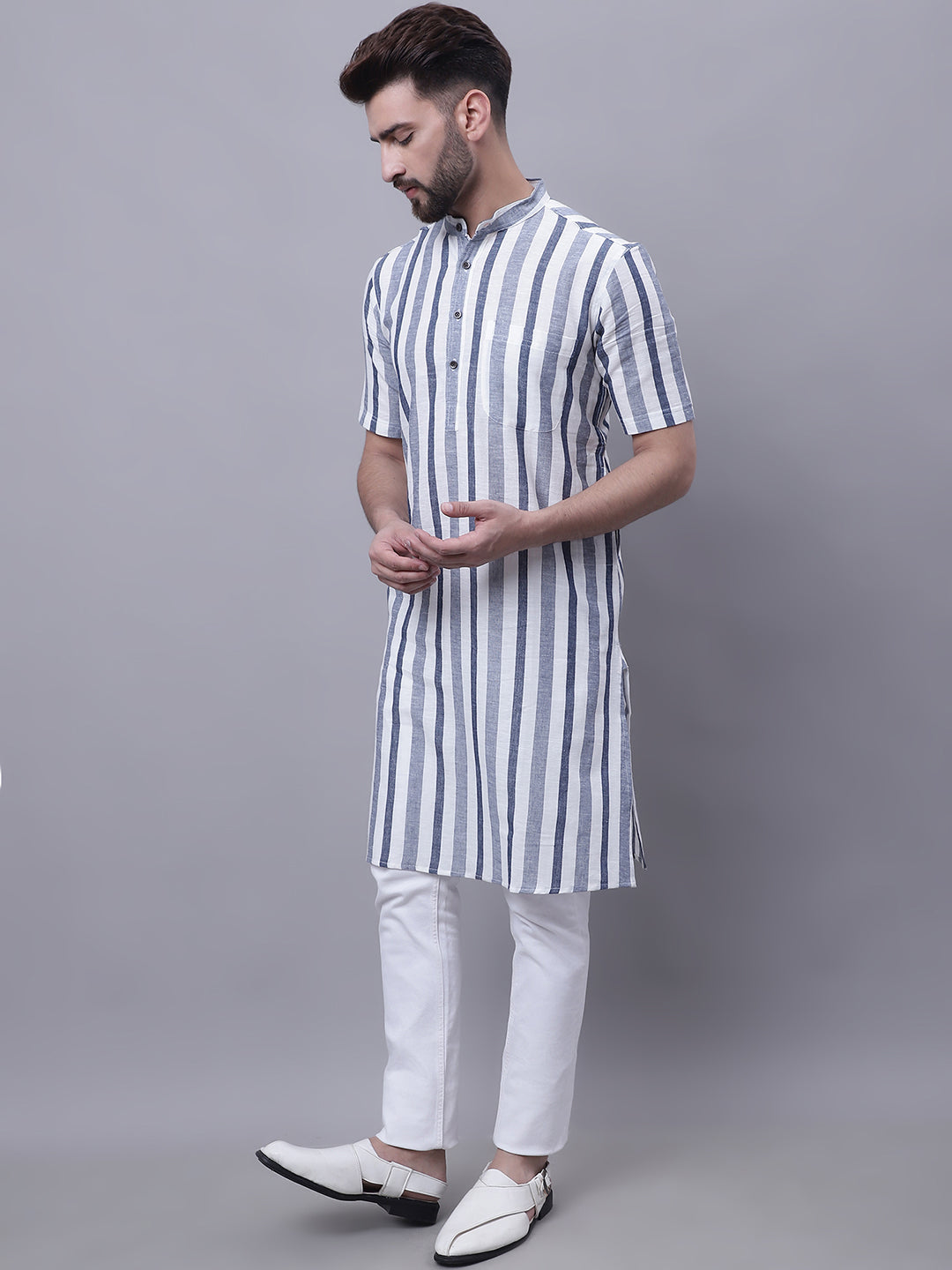Even Apparels Grey Pure Cotton Short Sleeves Kurta With Band Collar | Swadesiicart