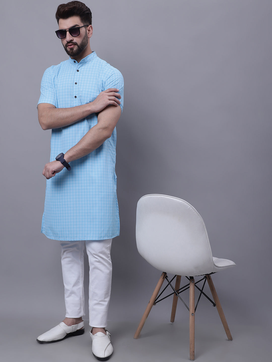 Even Apparels Blue Pure Cotton Short Sleeves Kurta With Band Collar | Swadesiicart