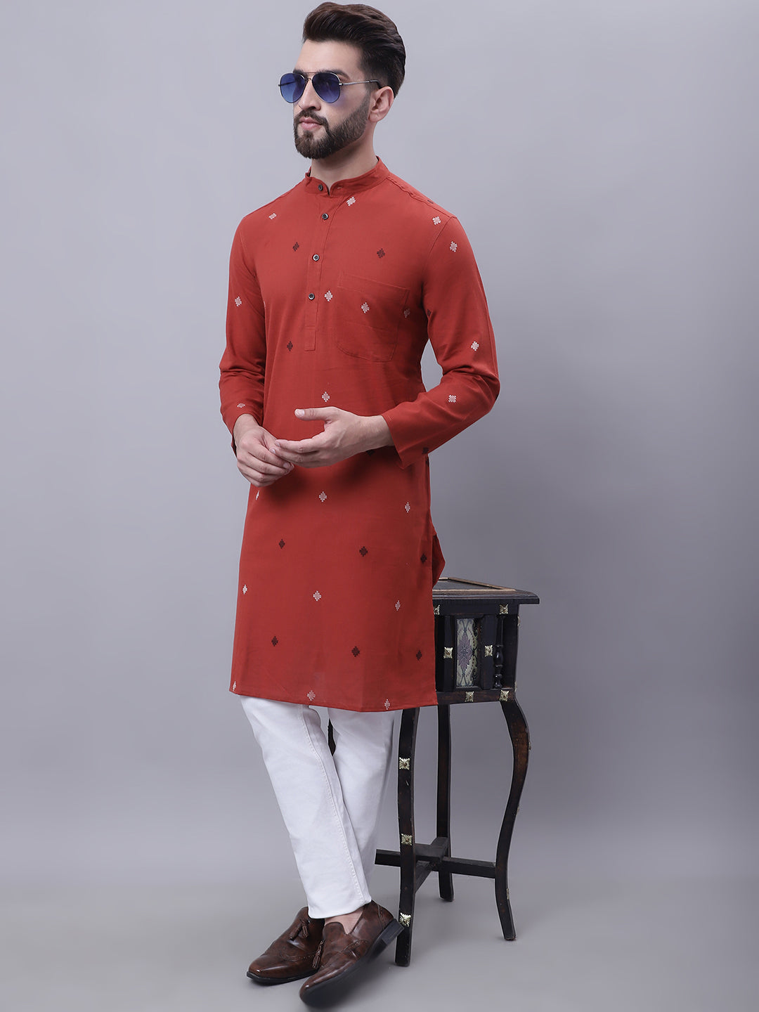 Even Apparels Rust Pure Cotton Kurta With Band Collar | Swadesiicart