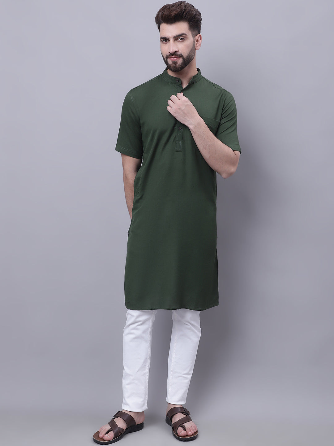 Even Apparels Green Pure Cotton Short Sleeves Kurta With Band Collar | Swadesiicart