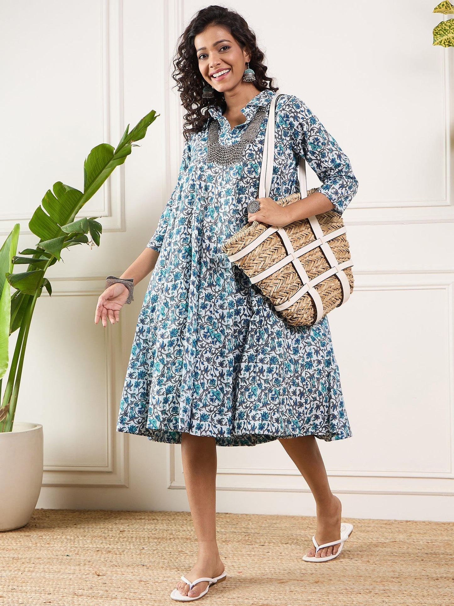 InWeave Aqua Blue Floral Grey Jaal Collar Flared Dress - Swadesiicart