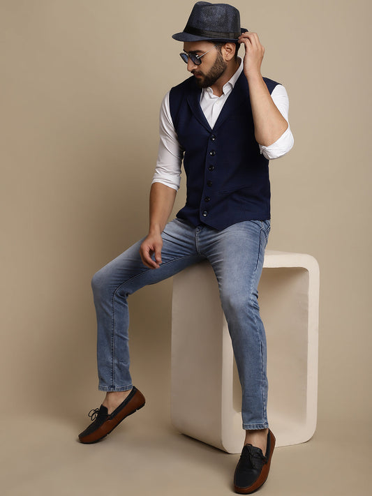 Even Apparels Men's Blue Waistcoat with Notched Lapel | Swadesiicart