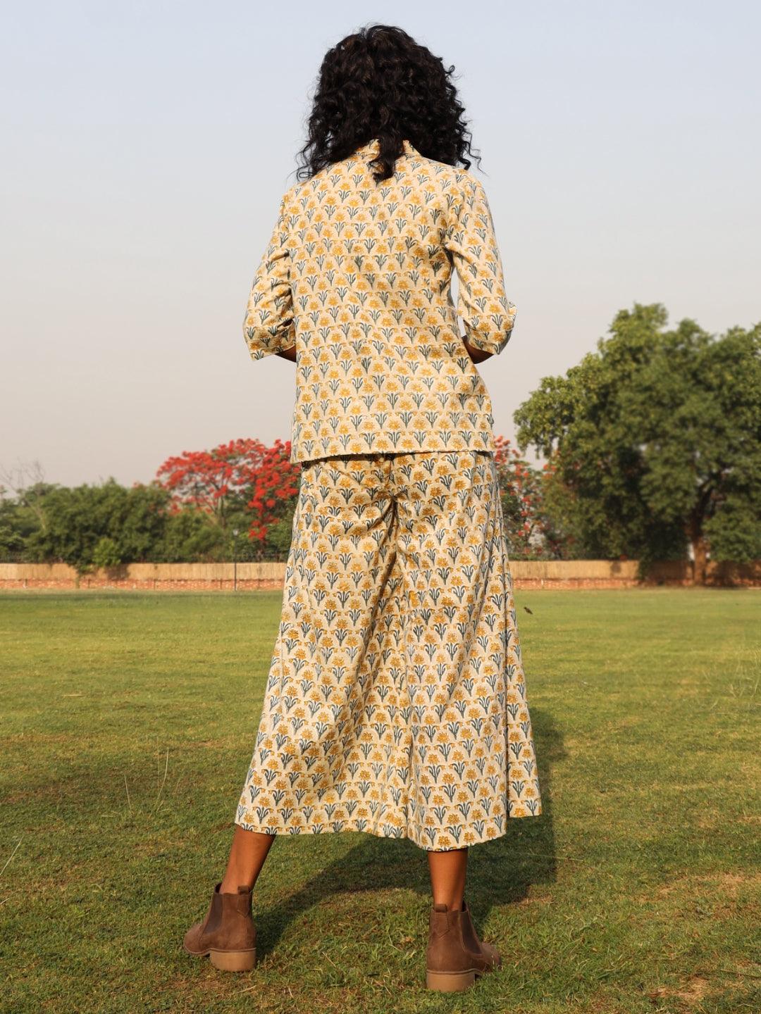 trueBrowns Light Sage Cotton Block Print Lapel Shirt Co-Ord Set - Swadesiicart
