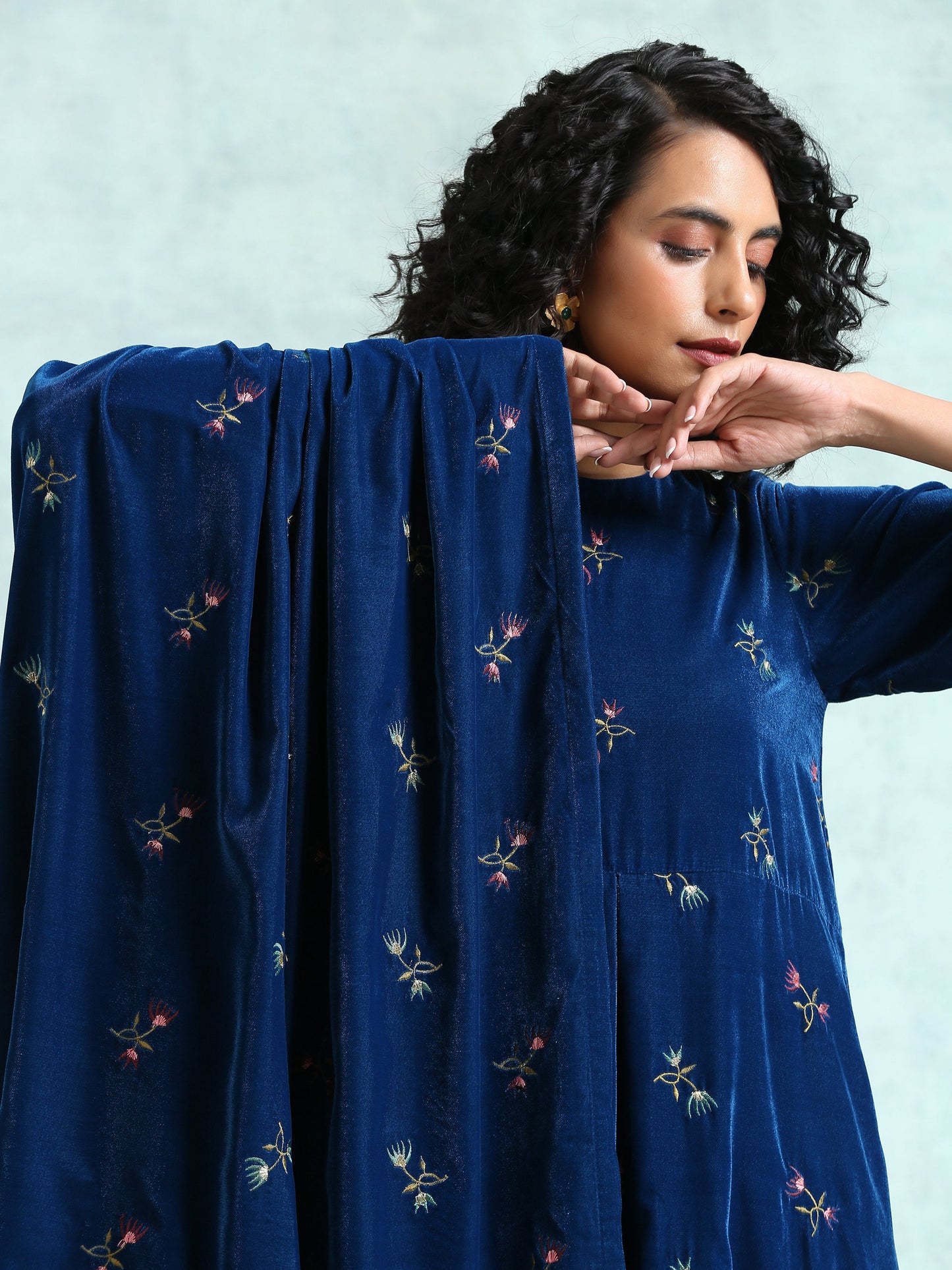 trueBrowns Blue Embroidered Velvet Shawl | Swadesiicart