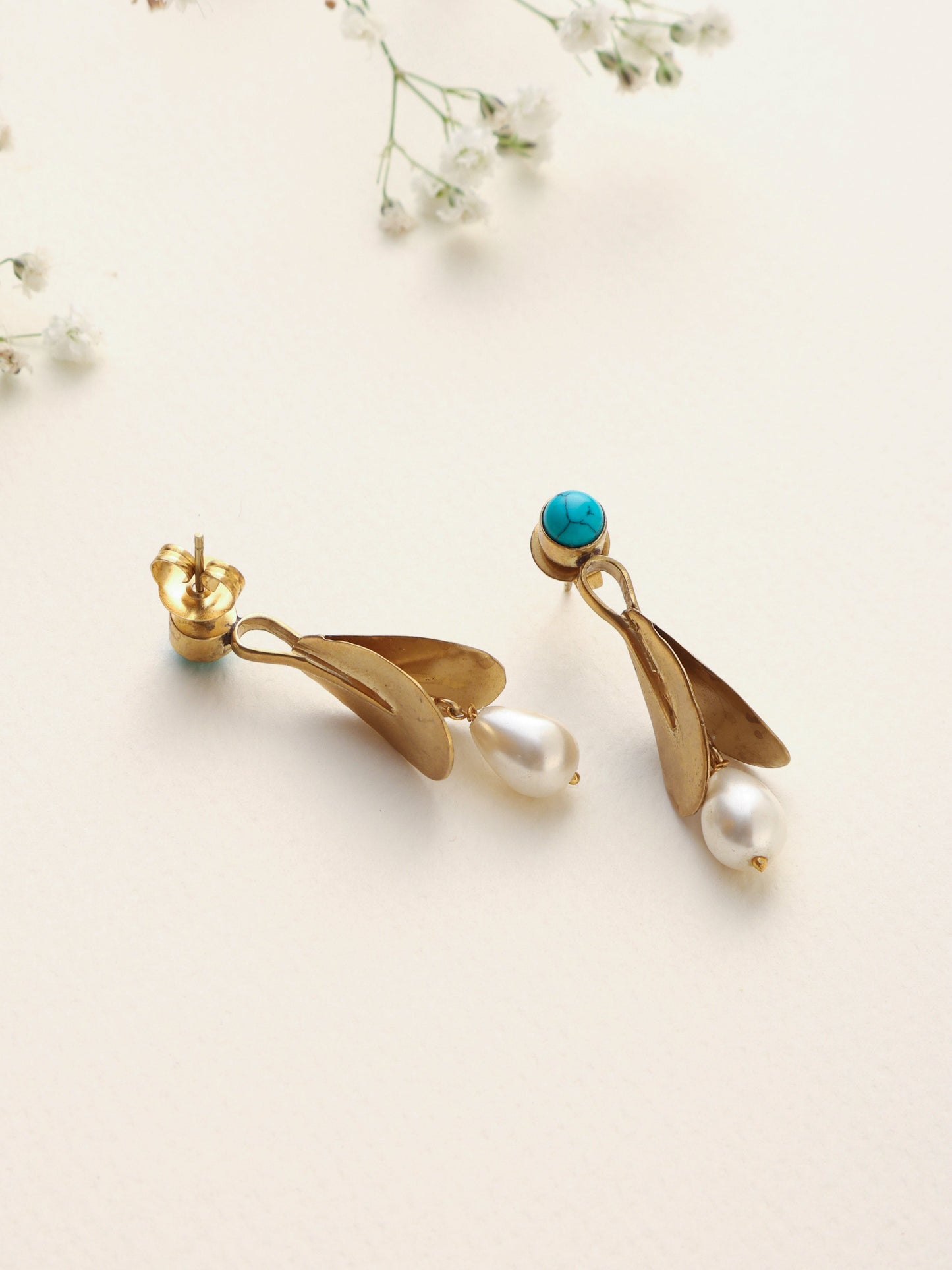 trueBrowns Brass Pearl Drop Earrings - Swadesiicart