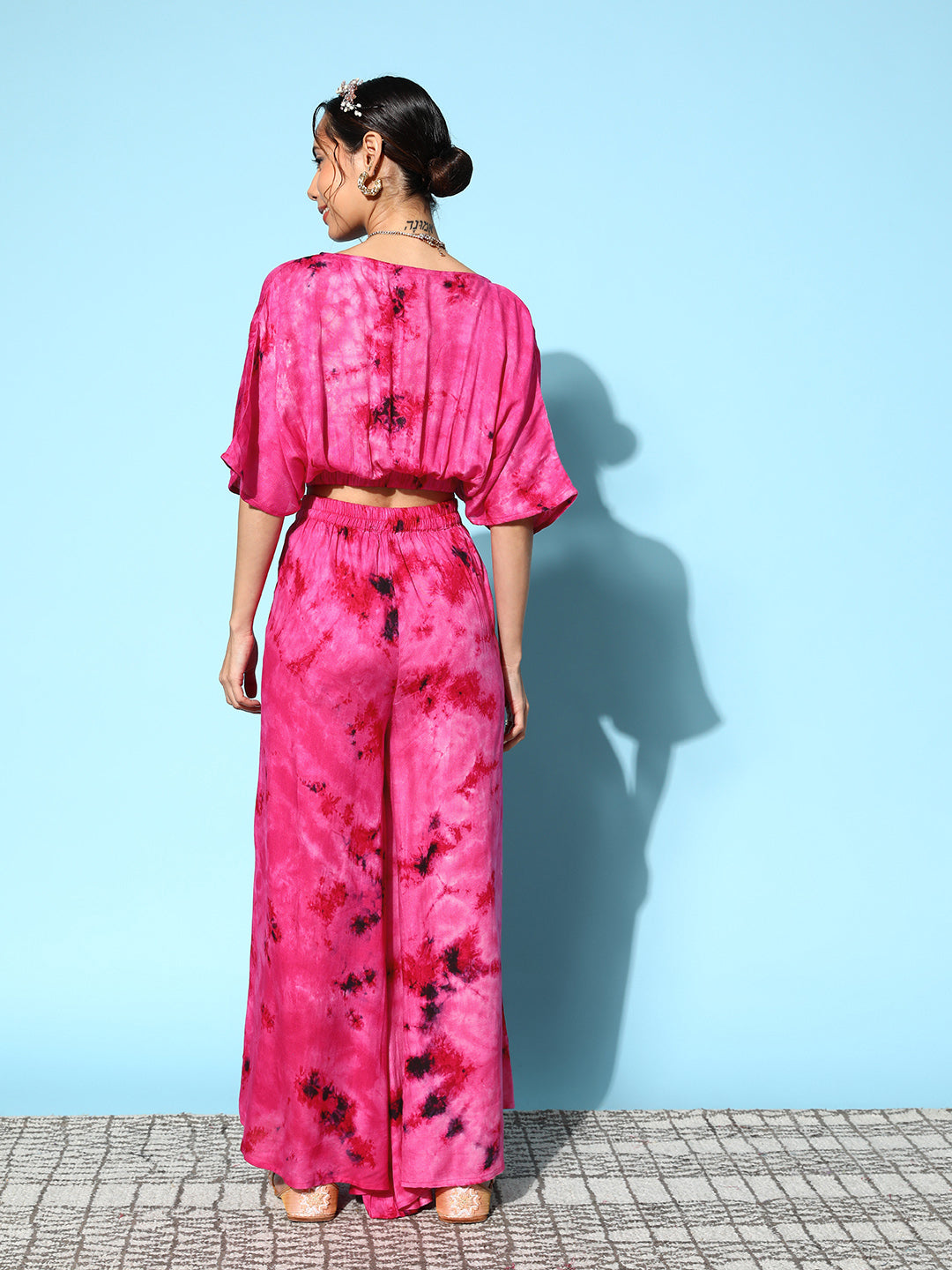 InWeave Women's Magenta Tie And Dye New Neckline Top Culottes Set - Swadesiicart