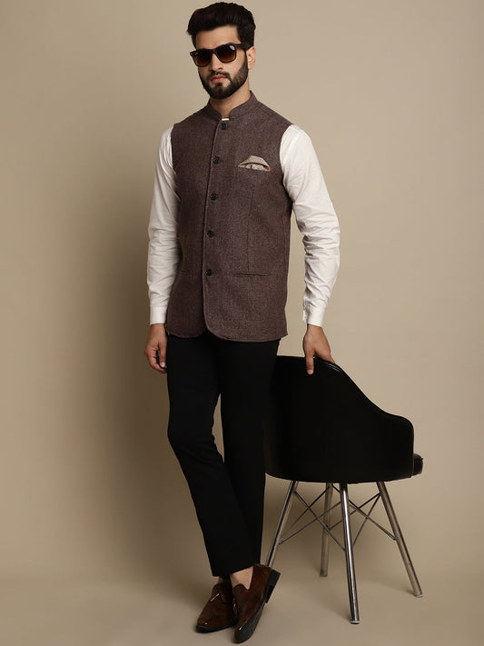 Even Apparels Men's Brown Mandarin Collar Waistcoat | Swadesiicart