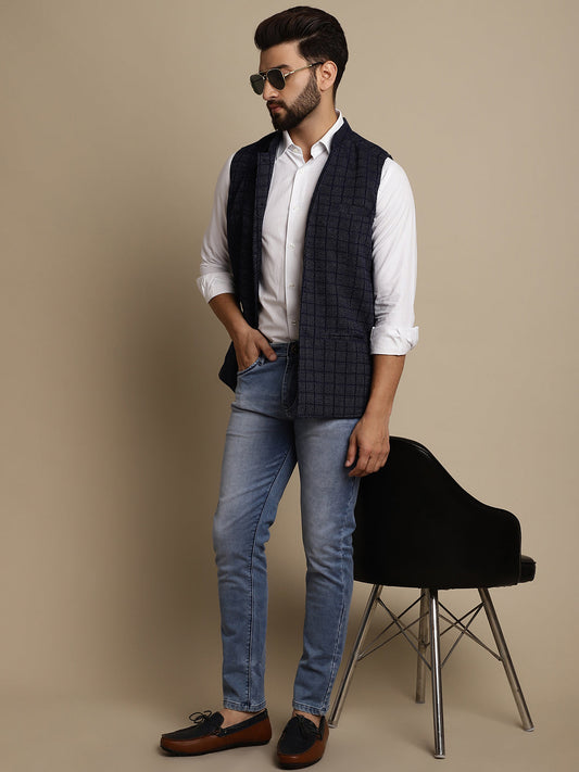 Even Apparels Men's Blue Mandarin Collar Waistcoat | Swadesiicart