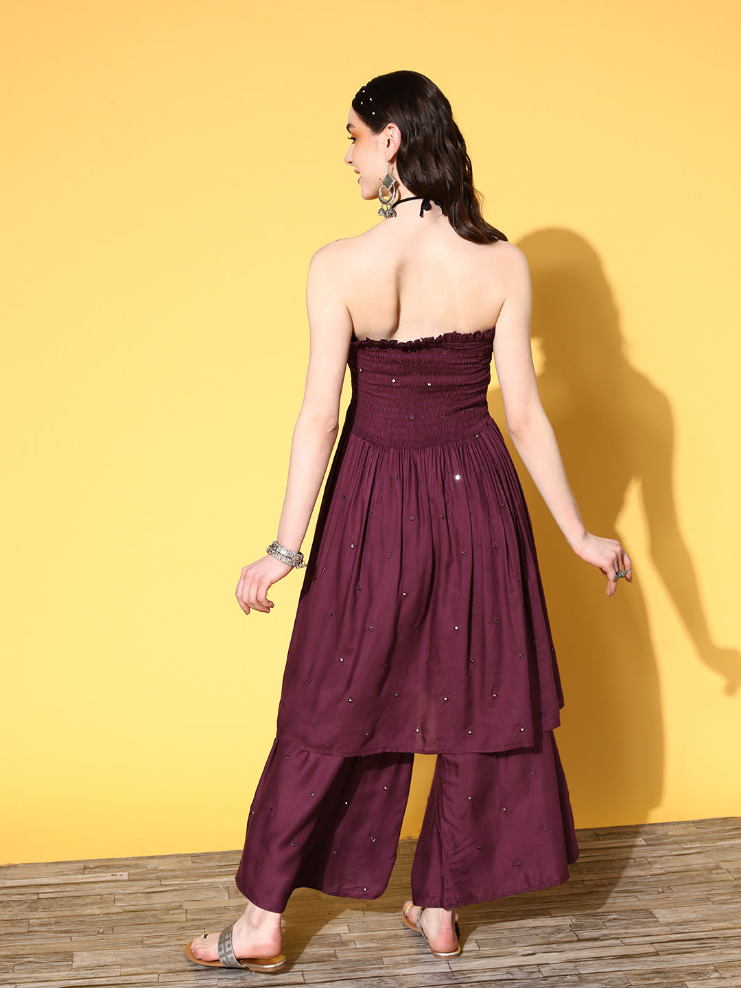 InWeave Women's Wine Mirror Work Off Shoulder Kurta Set - Swadesiicart