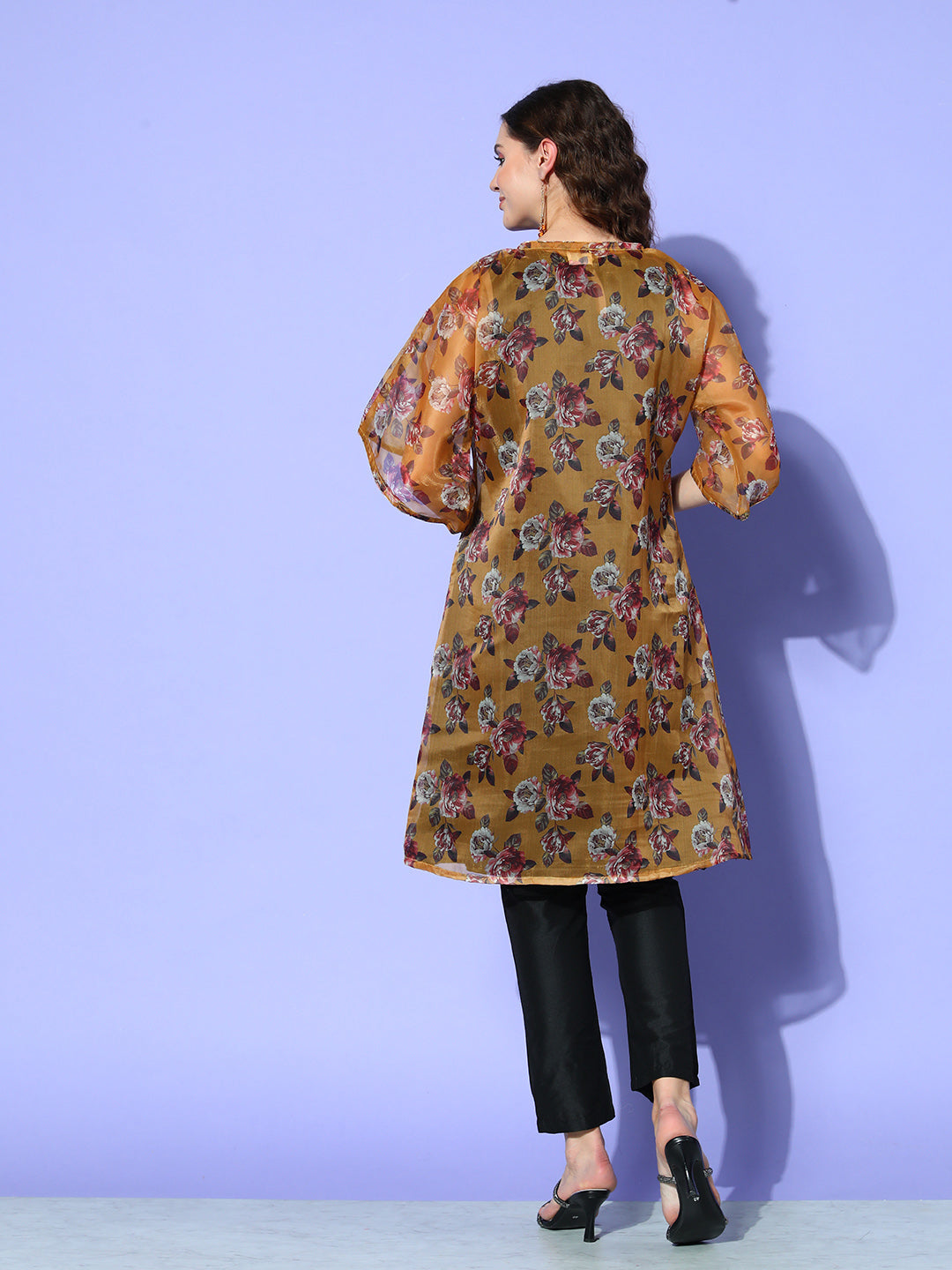 InWeave Women's Camel Brown White Rose Chintz Organza Cape - Swadesiicart