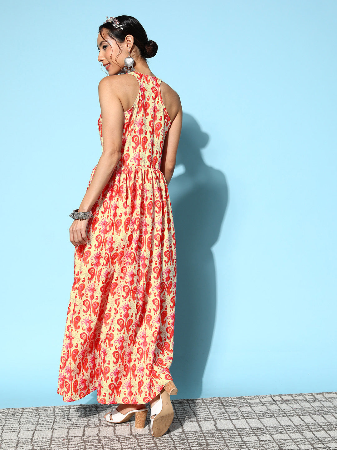 InWeave Women's Orange Paisley Print Raisa Back Detail Dress - Swadesiicart