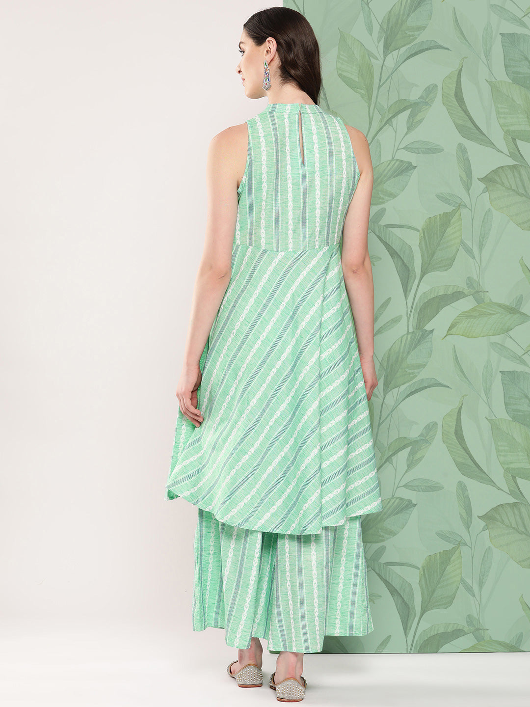 InWeave Women's Teal Kantha Striped Kurta Set - Swadesiicart