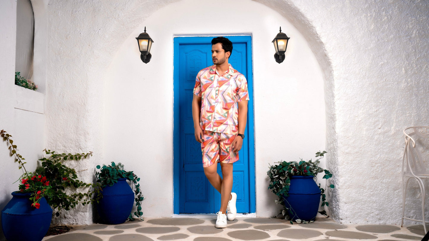 Noroke Sustainable fabric | Linen Satin Linen Geometric Co-ord Set Men - Swadesiicart