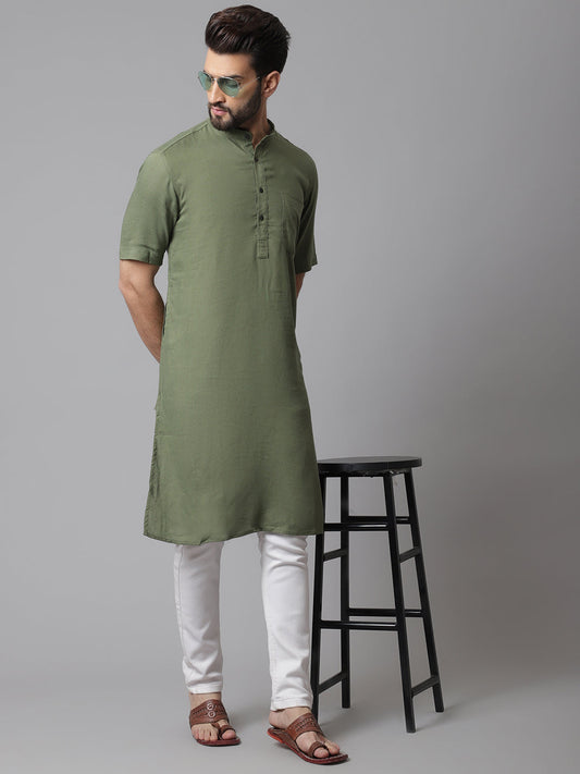 Even Apparels Green Pure Cotton Kurta With Band Collar | Swadesiicart
