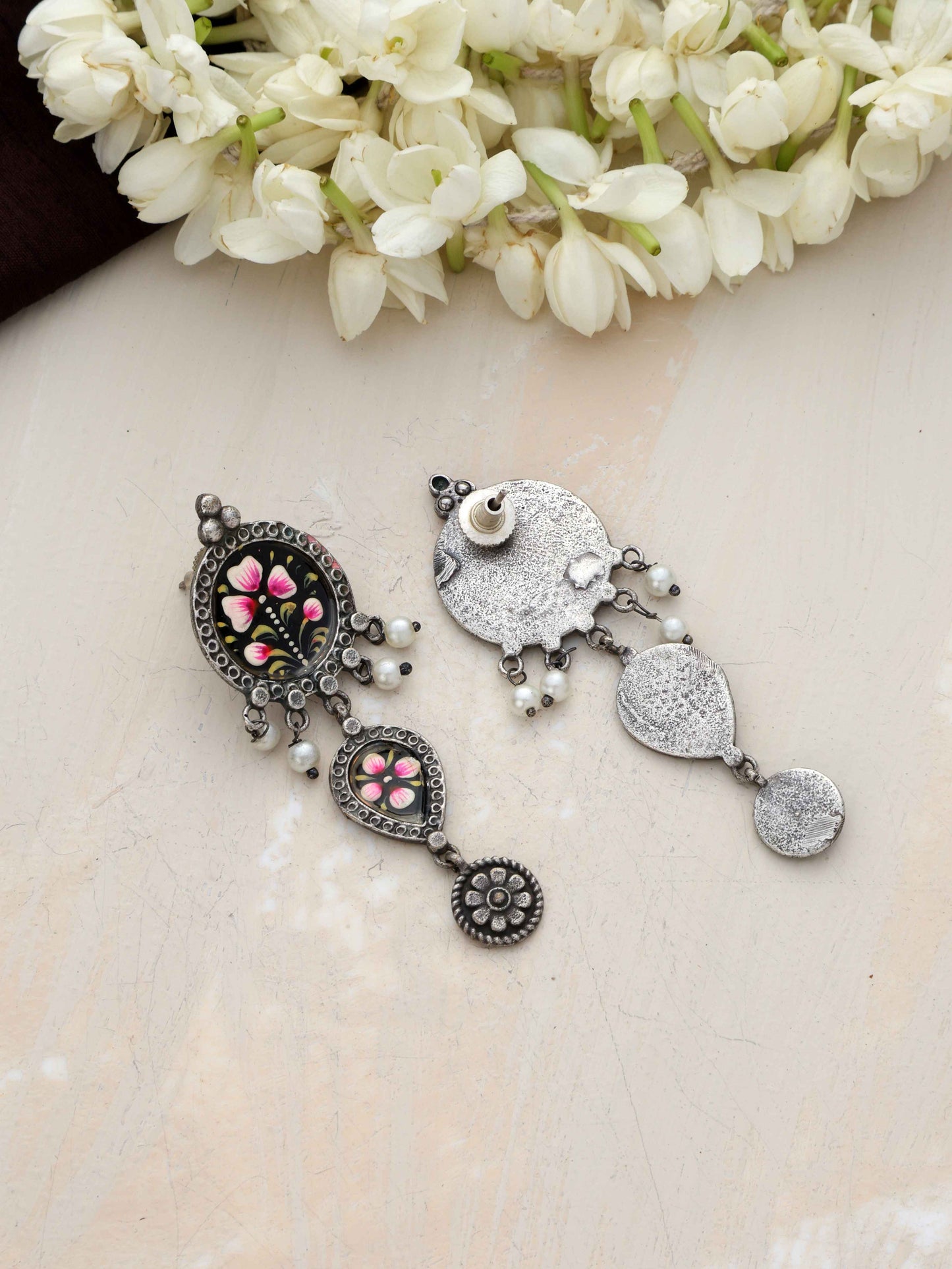trueBrowns Silver Tone Handpainted Dangle Earrings - Swadesiicart