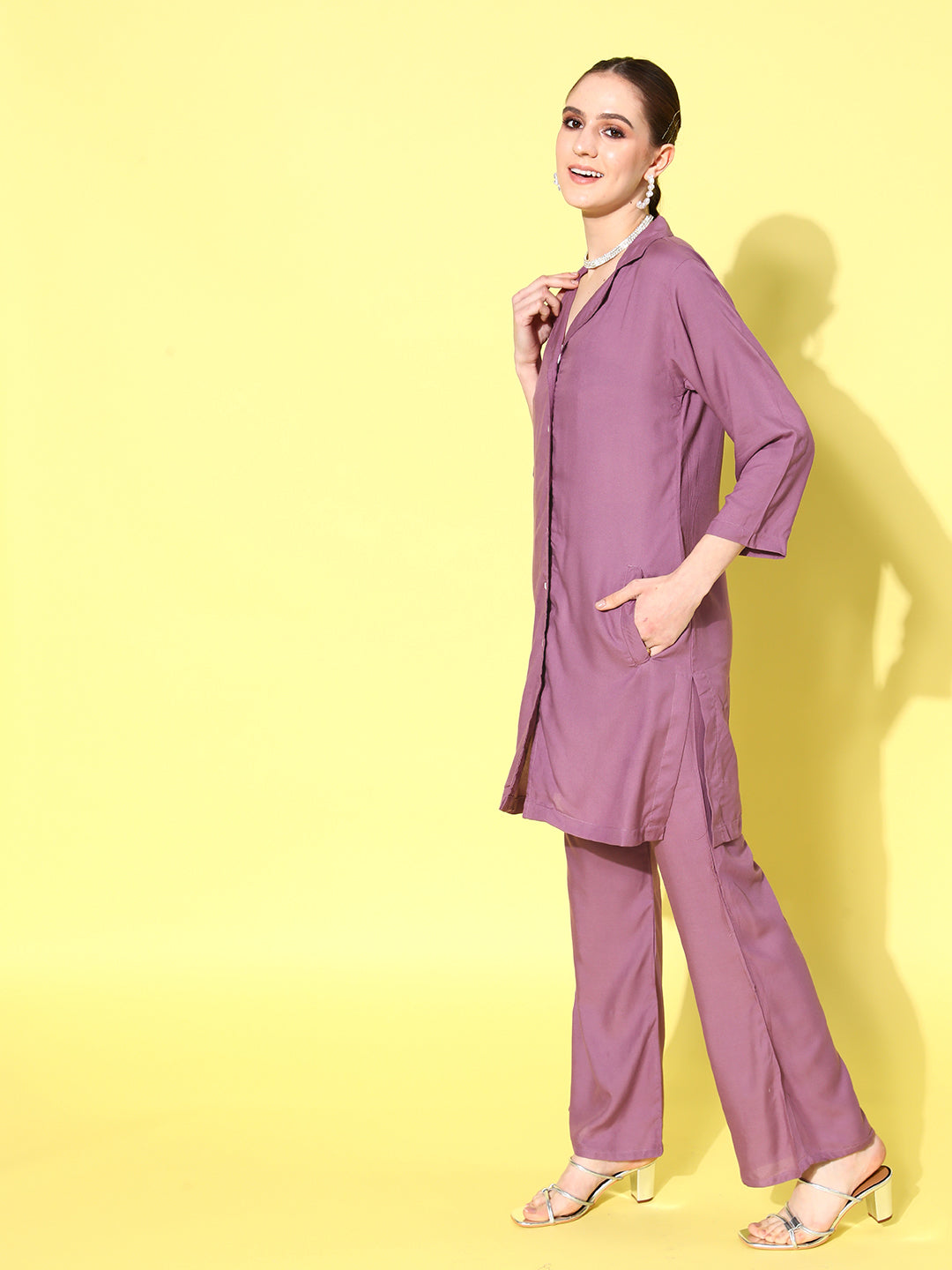 InWeave Women's Mauve Coord Set With Indigo Kalamkari Scarf - Swadesiicart
