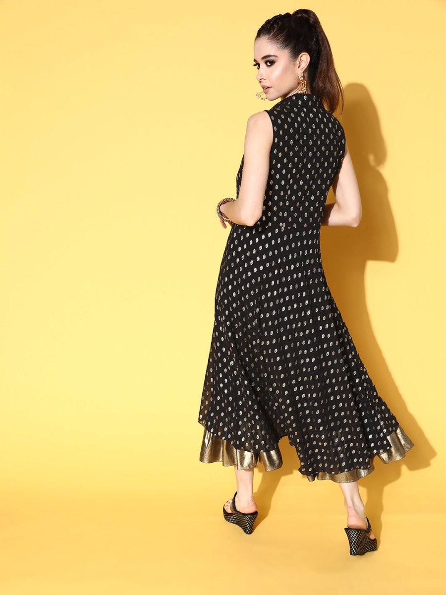 Ahalyaa Black Georgette Ethnic Motifs Printed Shirt-Collar Midi Fit & Flare Ethnic Dress | Swadesiicart