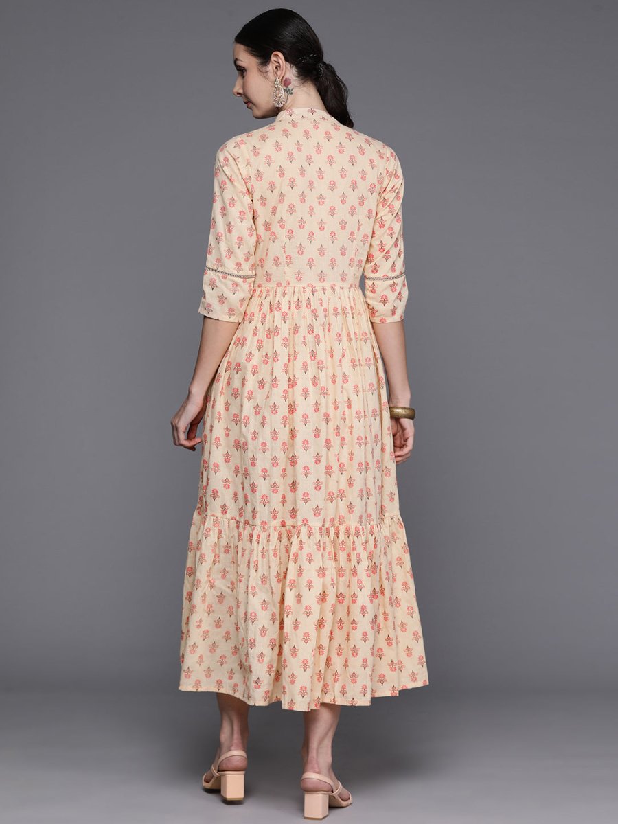 Ahalyaa Floral Print Mandarin Collar Tiered Midi Pure Cotton Ethnic Dress | Swadesiicart