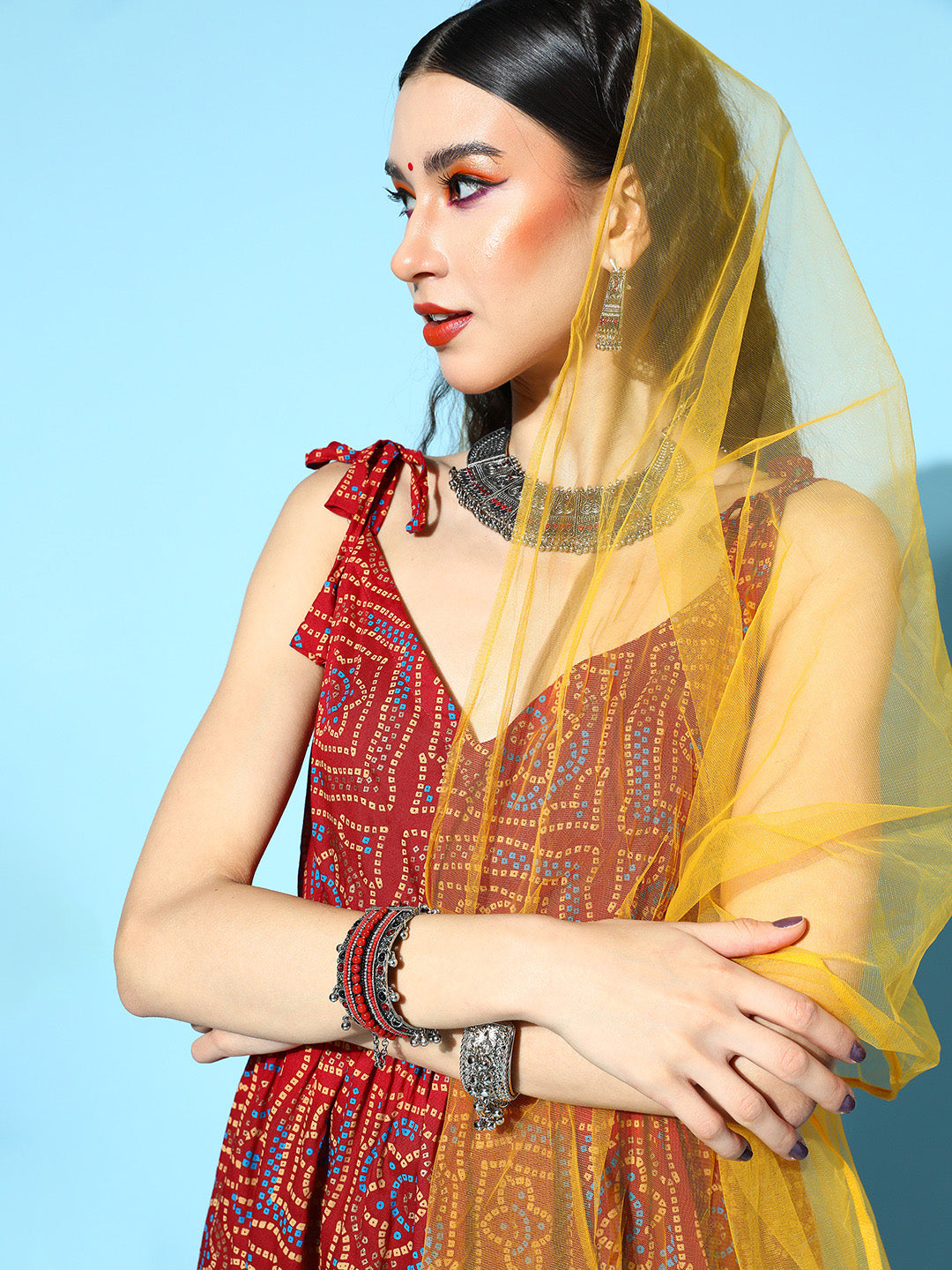 InWeave Women's Maroon Bandhani Net Sharara Set With Dupatta - Swadesiicart
