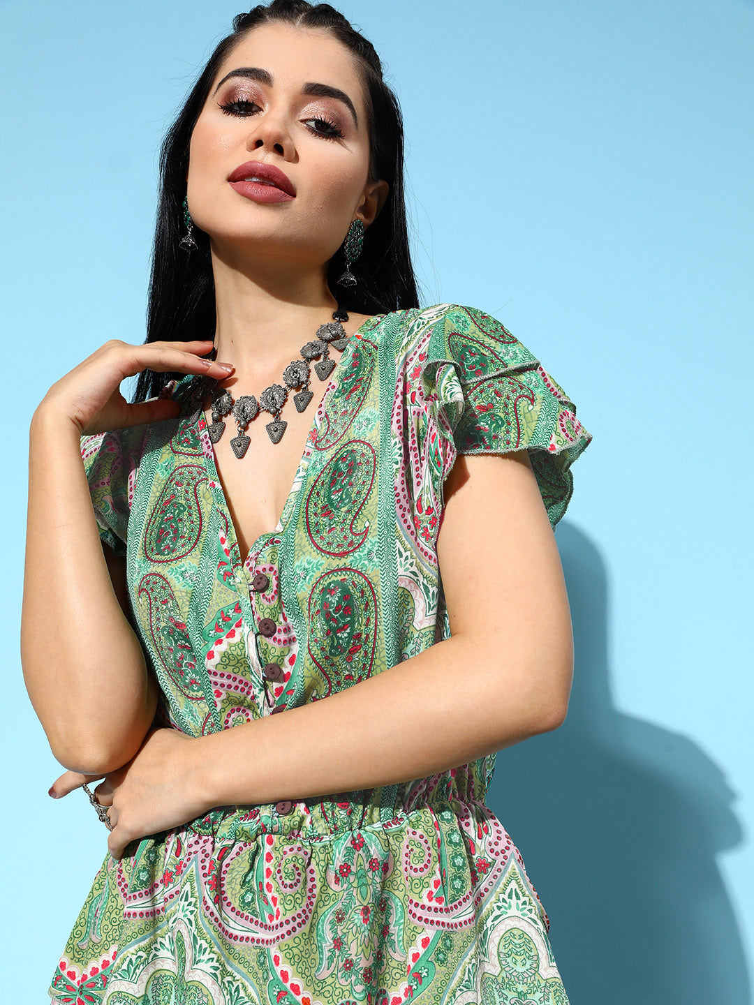 InWeave Women's Soft Green Tiered Short Dress - Swadesiicart