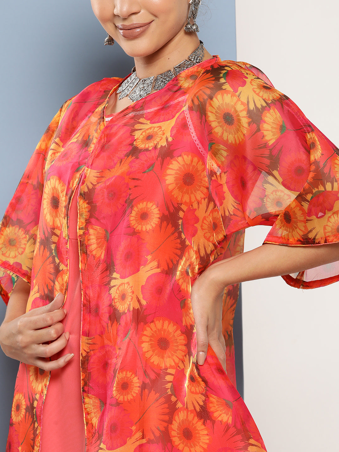 InWeave Women's Peach Cr Strappy Set With Peach Yellow Floral Cape - Swadesiicart
