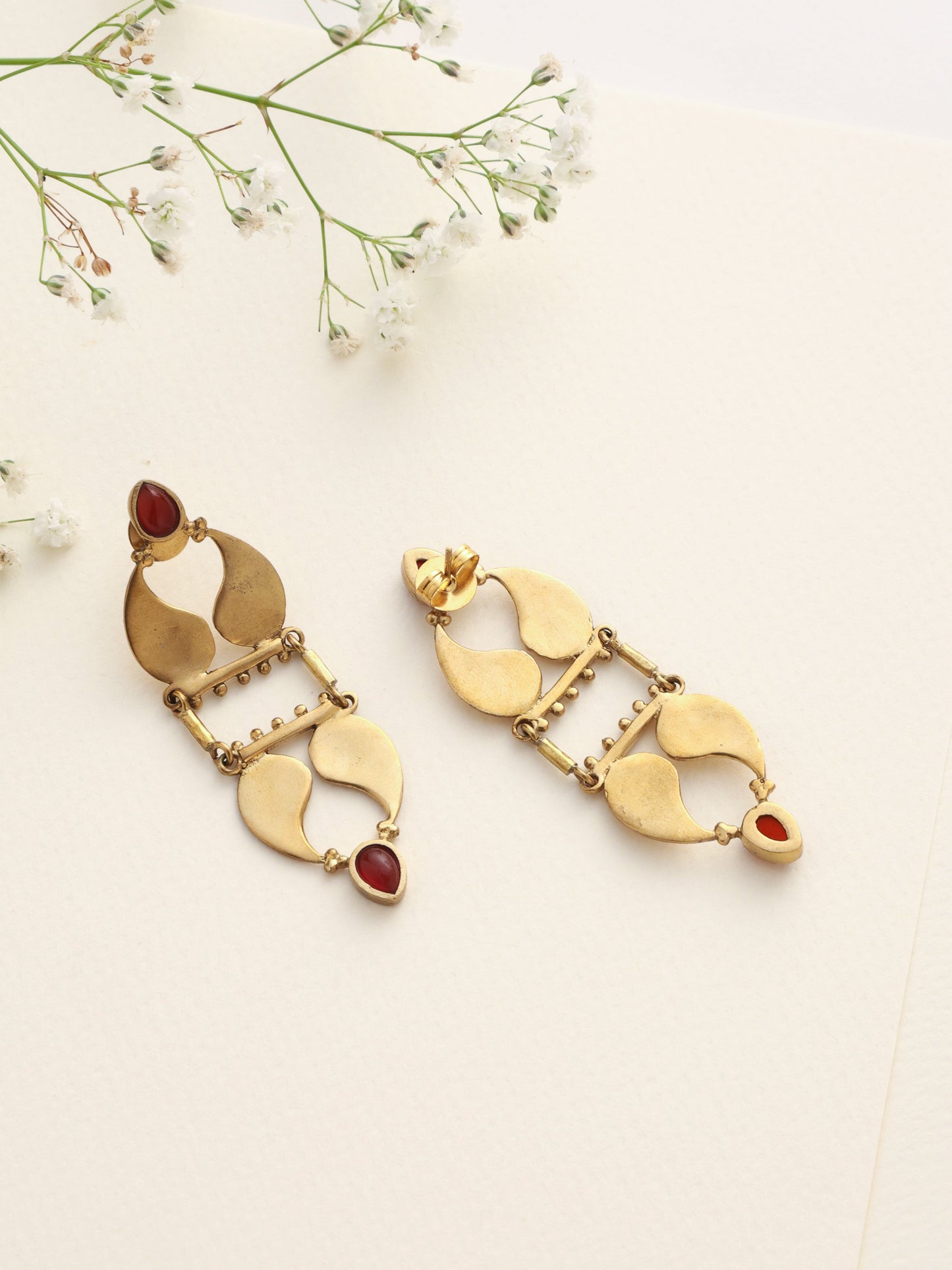 trueBrowns Brass Red Stone Paisley Earrings - Swadesiicart