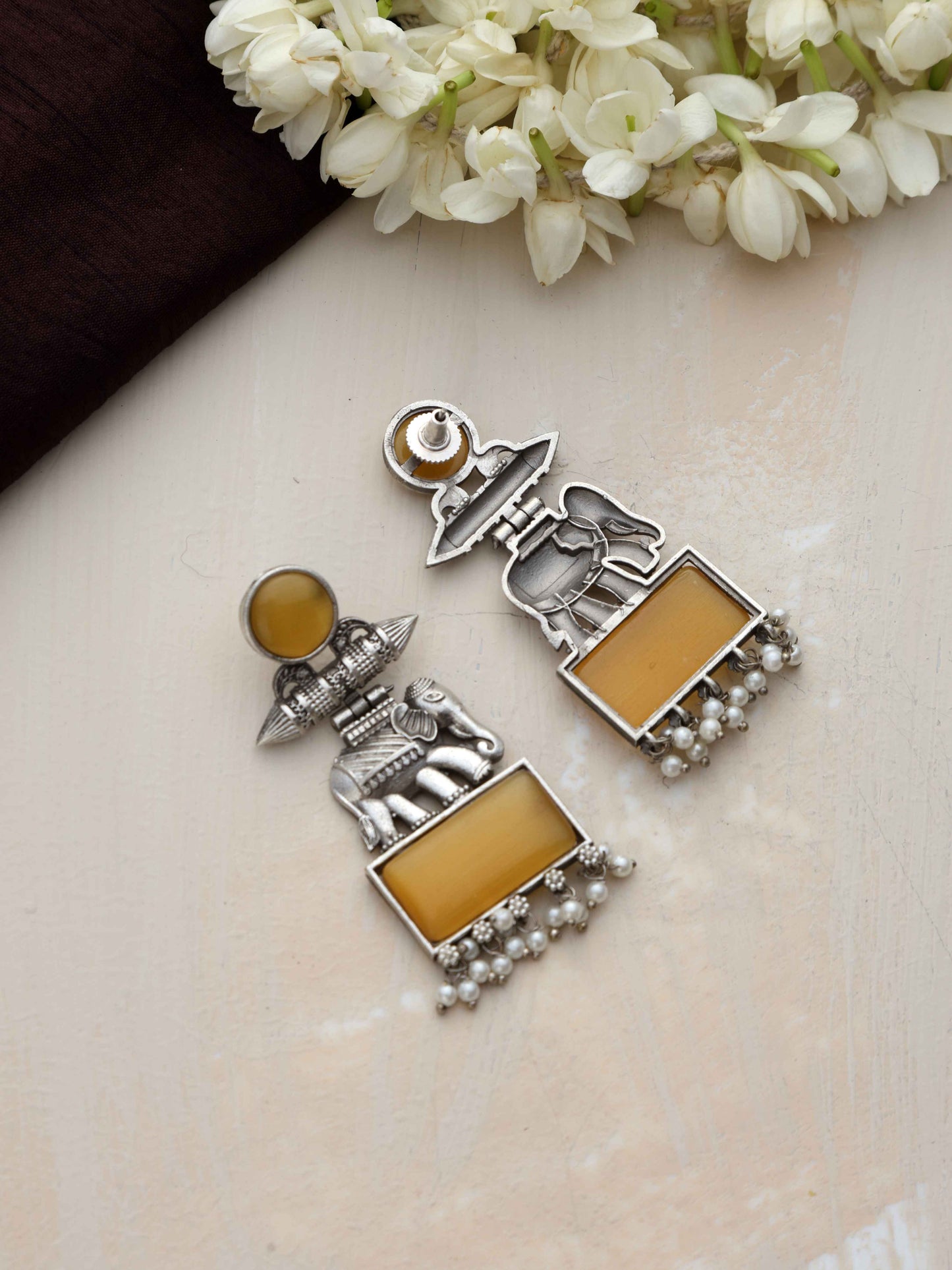 trueBrowns Silver Tone Yellow Stone Earrings - Swadesiicart