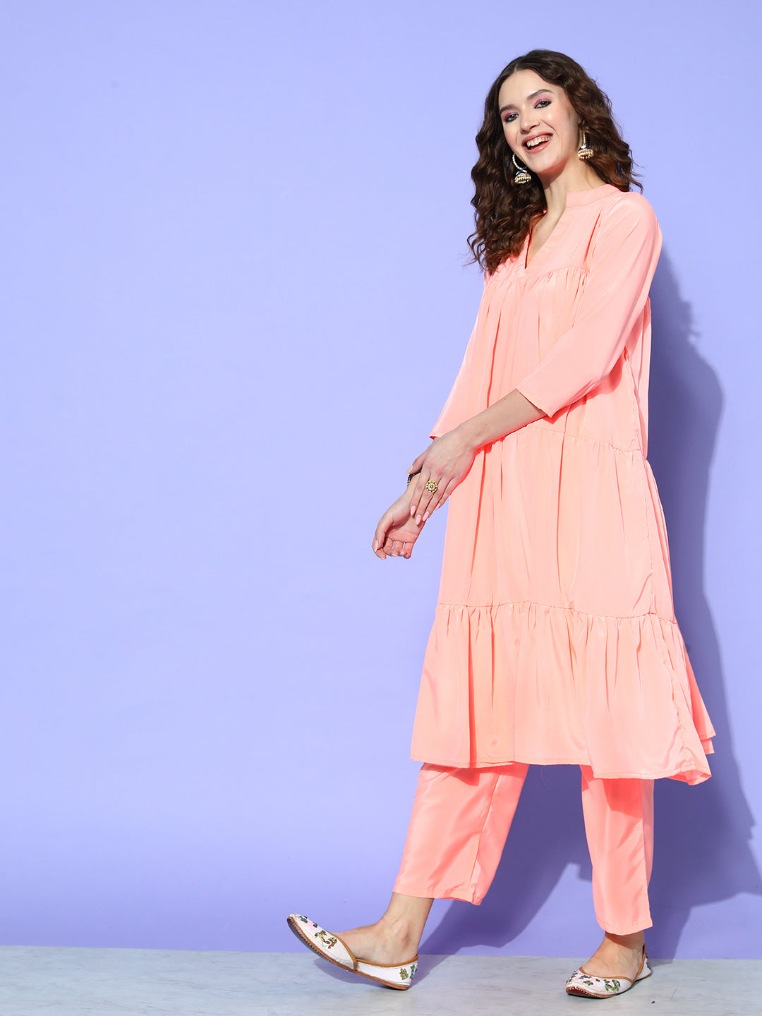 InWeave Women's Peach Flared Kurta Set With Off White Folral Organza Dupatta - Swadesiicart