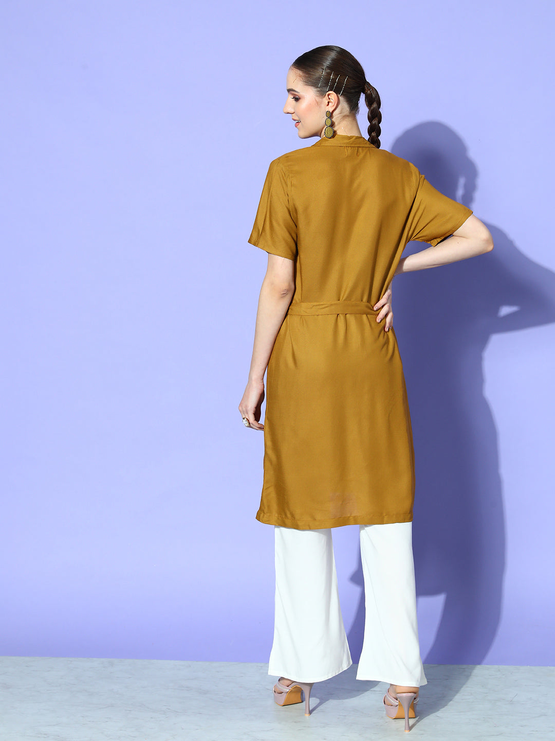 InWeave Women's Camel Brown Cream Naroow Pant Coord Set - Swadesiicart