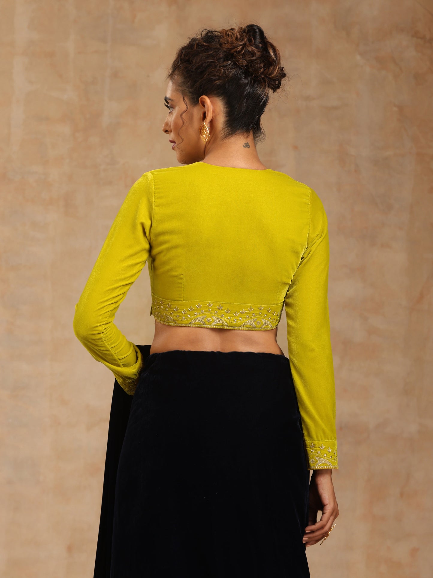 trueBrowns Lime Velvet Embroidered Blouse | Swadesiicart