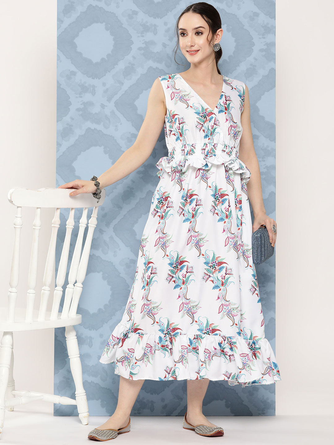 InWeave Women's White Floral Paisley Print Long Frill Dress - Swadesiicart