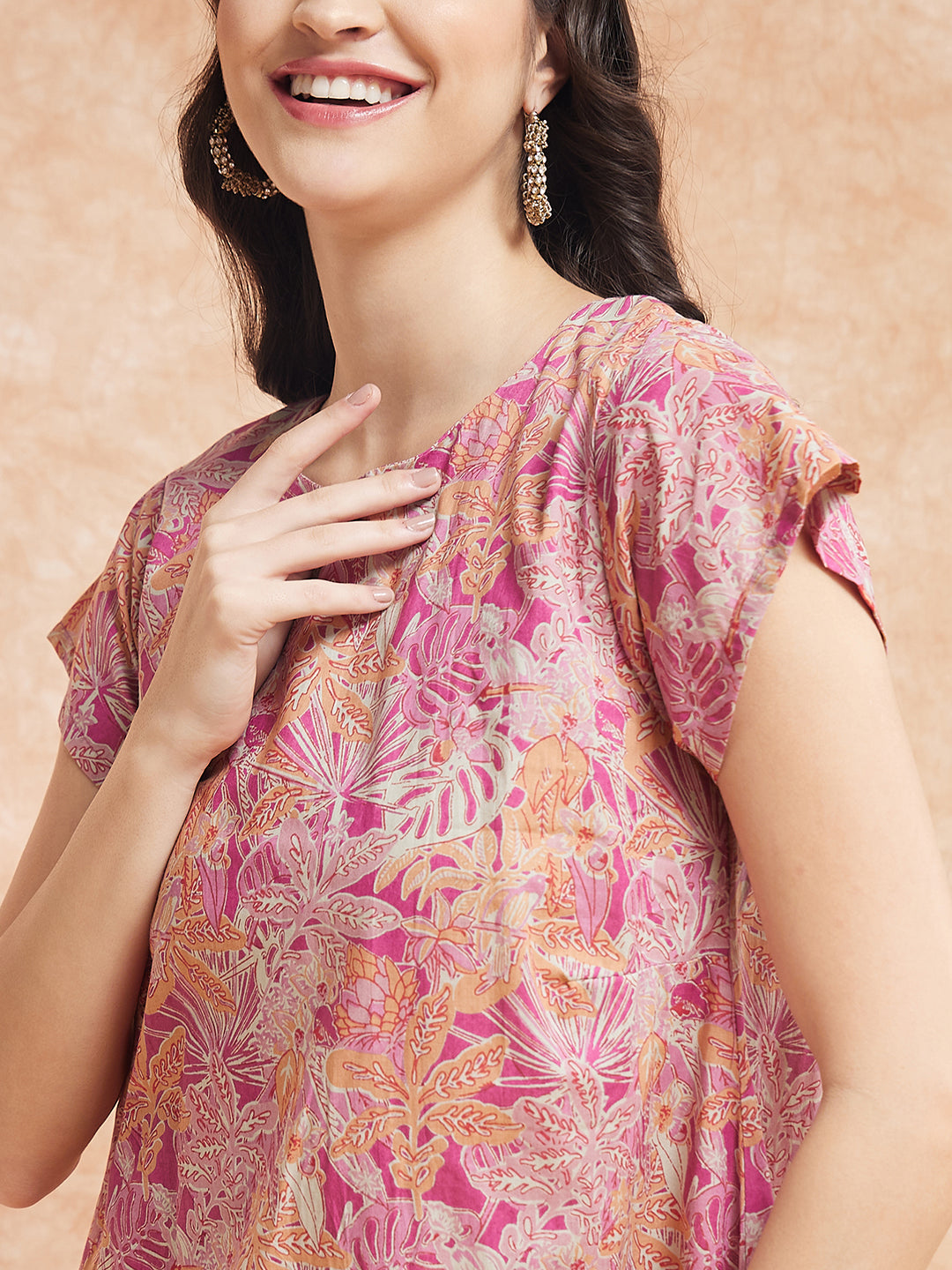 InWeave Women's Pink Coral Floral Print A Line Dress - Swadesiicart