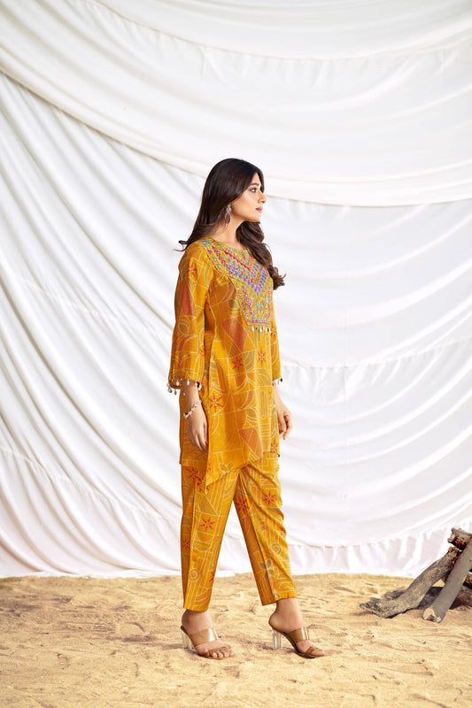 BulBul Ashka Chanderi Mustard Co-Ord Set - Swadesiicart