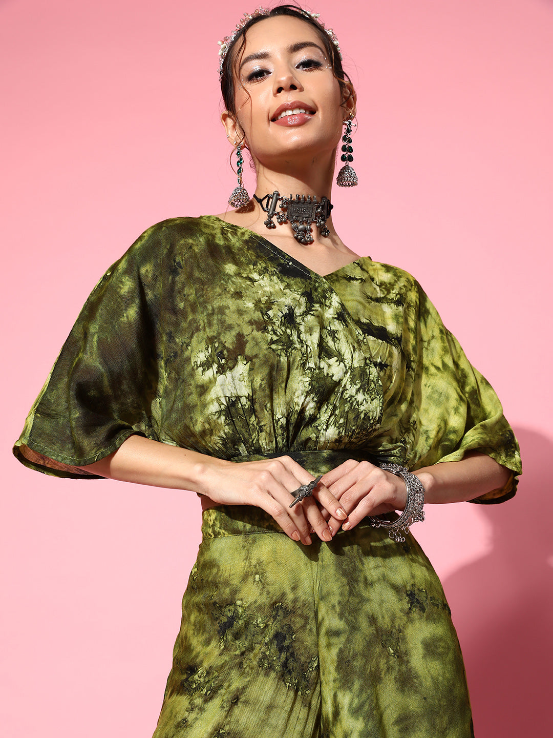 InWeave Women's Olive Tie And Dye New Neckline Top Culottes Set - Swadesiicart